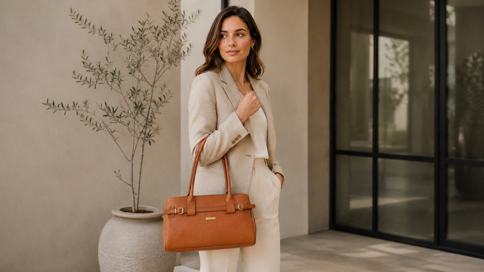 Bolsa Tuca em couro caramelo com alças de mão, sendo usada por uma mulher elegante
