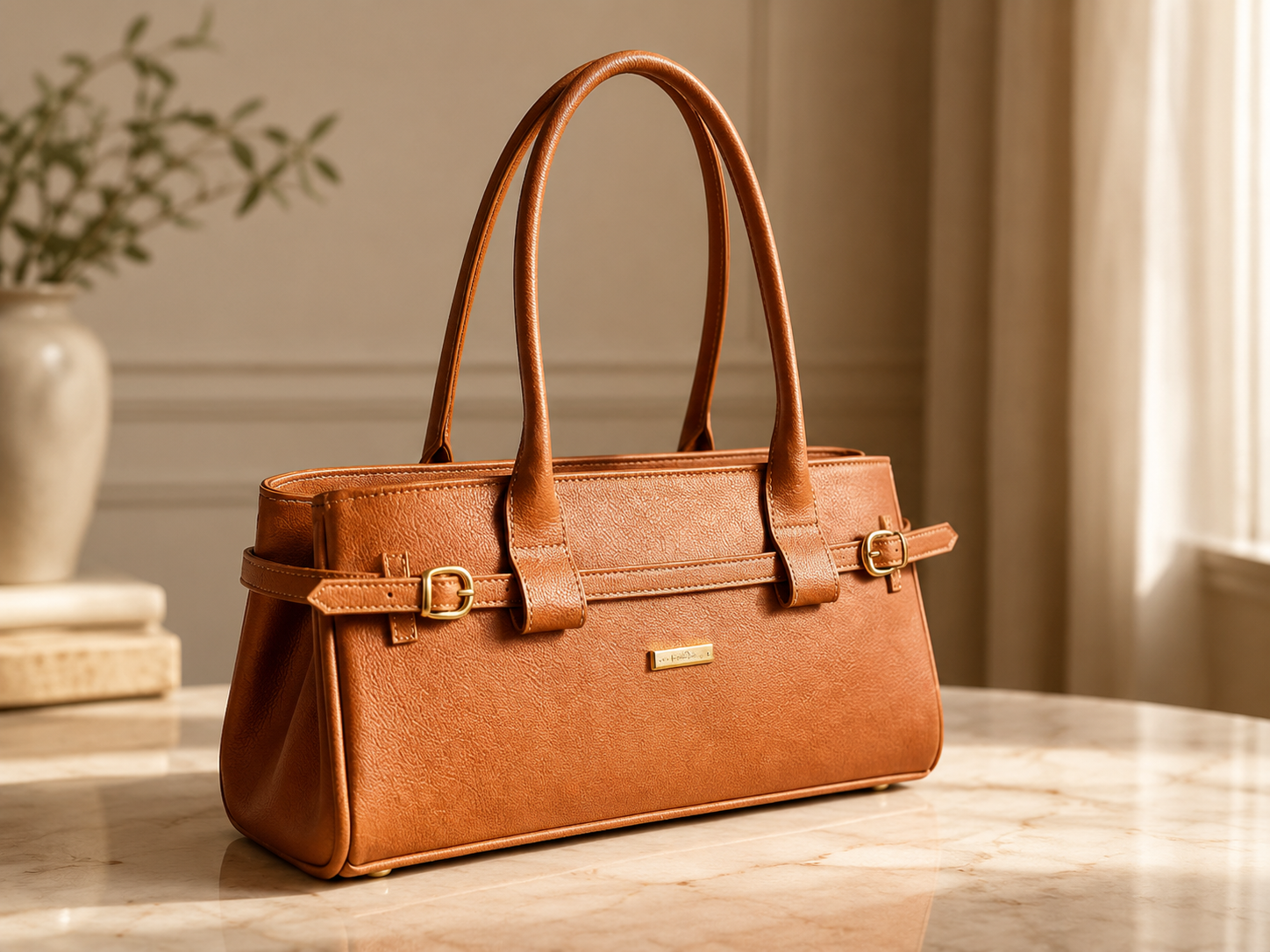 Bolsa Tuca em couro caramelo com fivelas douradas